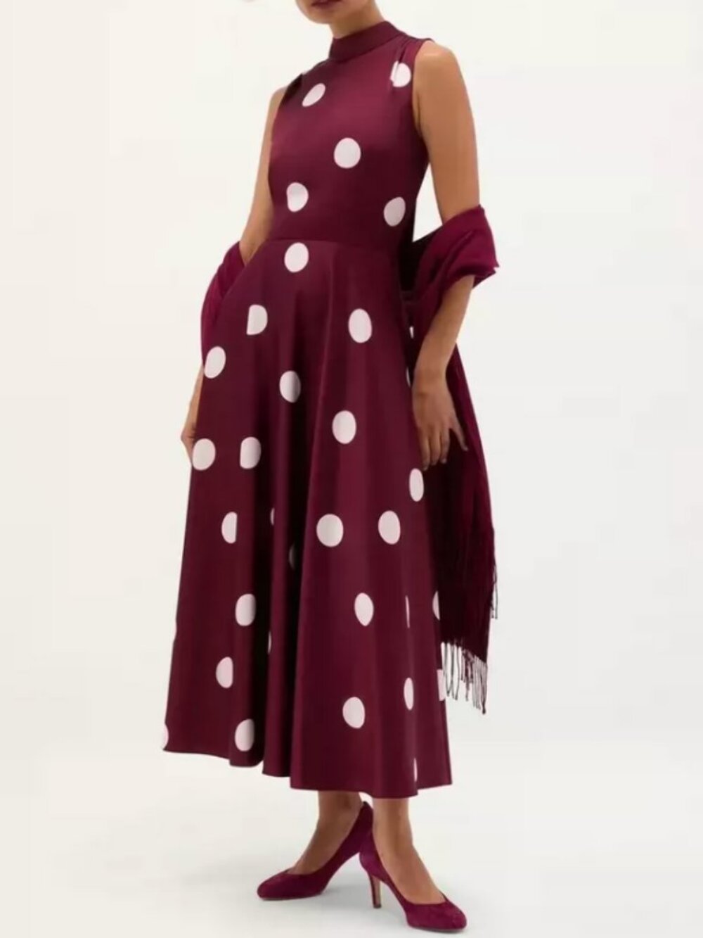 Hobbs London Mia Spot Midi Dress US 8/10 Plum Cream Polka Dots French